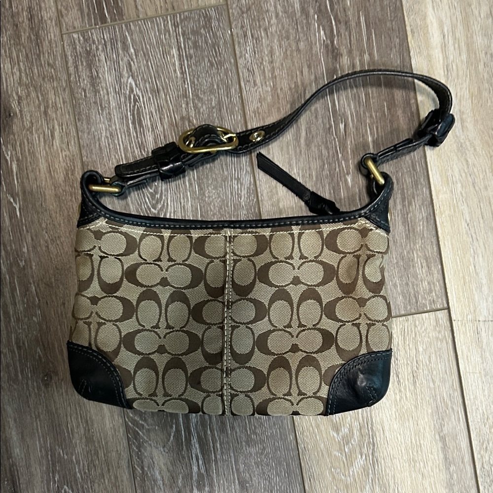 Coach Tan and Black Signature Shoulder Bag